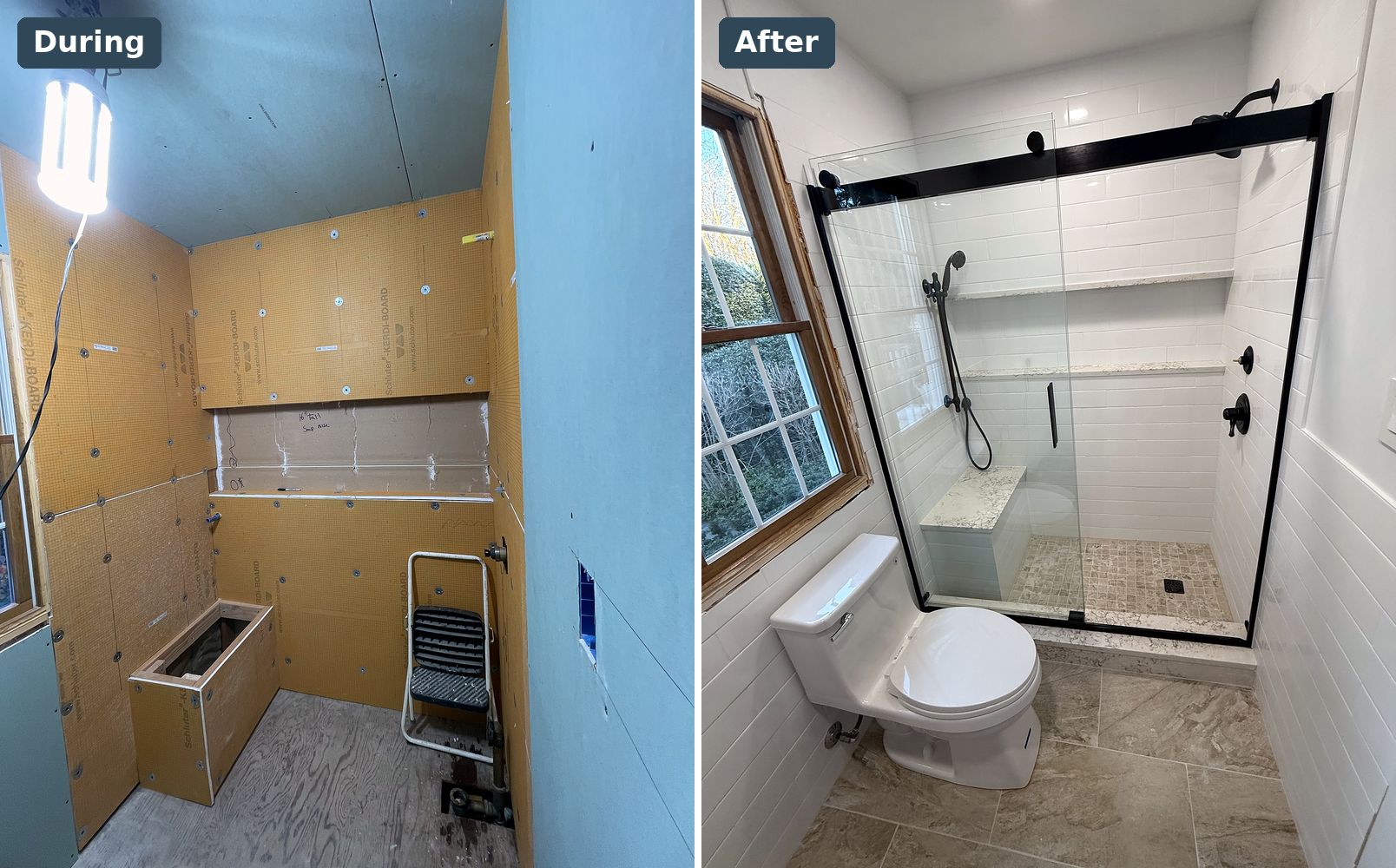 Miller Place · Shower in progress and finished before and after